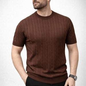 Erkek Yazlık Triko Dokuma Tişört Kısa Kol Bisiklet Yaka Örgü Desenli T-Shirt – Kahverengi
