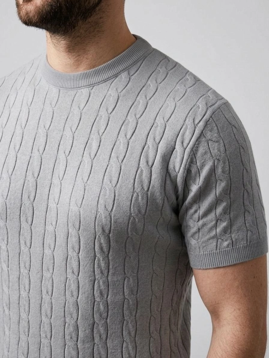 Erkek Yazlık Triko Dokuma Tişört Kısa Kol Bisiklet Yaka Örgü Desenli T-Shirt – Gri