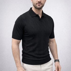 Erkek Yazlık Triko Dokuma Tişört Kısa Kol Polo Yaka T-Shirt – Siyah
