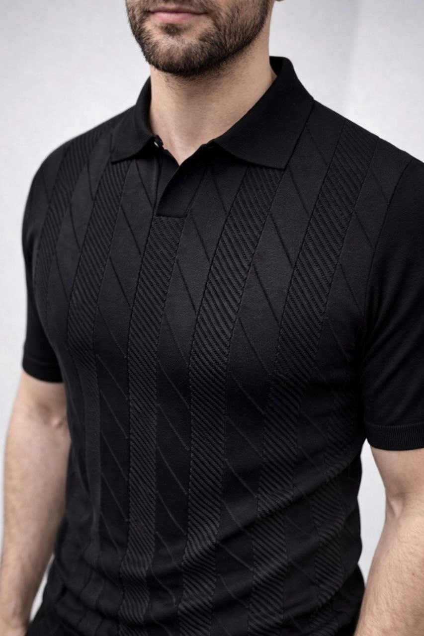Erkek Yazlık Triko Dokuma Tişört Kısa Kol Polo Yaka T-Shirt – Siyah
