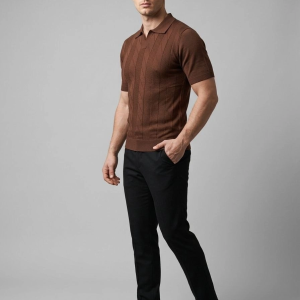 Erkek Yazlık Triko Dokuma Tişört Kısa Kol Polo Yaka T-Shirt – Kahverengi