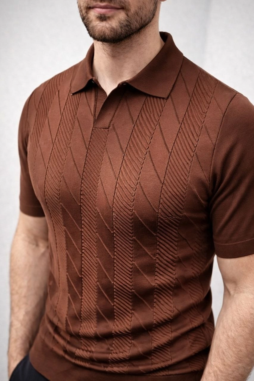 Erkek Yazlık Triko Dokuma Tişört Kısa Kol Polo Yaka T-Shirt – Kahverengi
