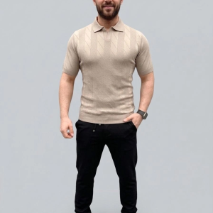 Erkek Yazlık Triko Dokuma Tişört Kısa Kol Polo Yaka T-Shirt – Bej