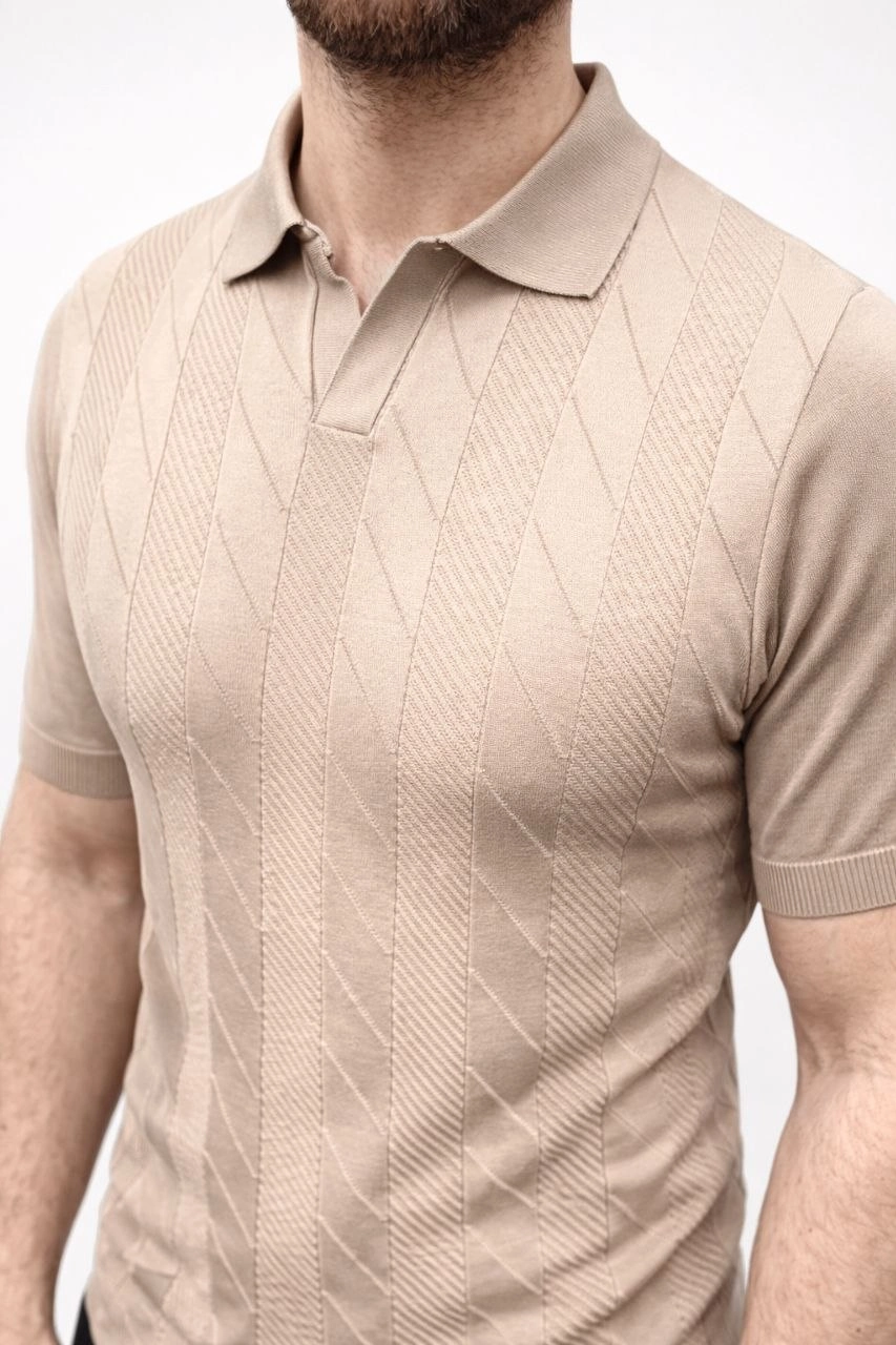 Erkek Yazlık Triko Dokuma Tişört Kısa Kol Polo Yaka T-Shirt – Bej
