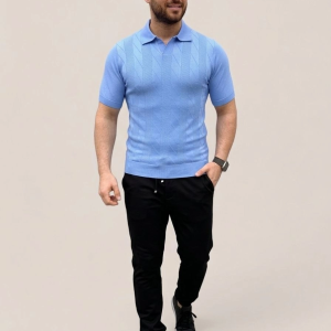 Erkek Yazlık Triko Dokuma Tişört Kısa Kol Polo Yaka T-Shirt – Bebek Mavisi