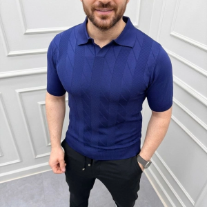 Erkek Yazlık Triko Dokuma Tişört Kısa Kol Polo Yaka T-Shirt – Lacivert