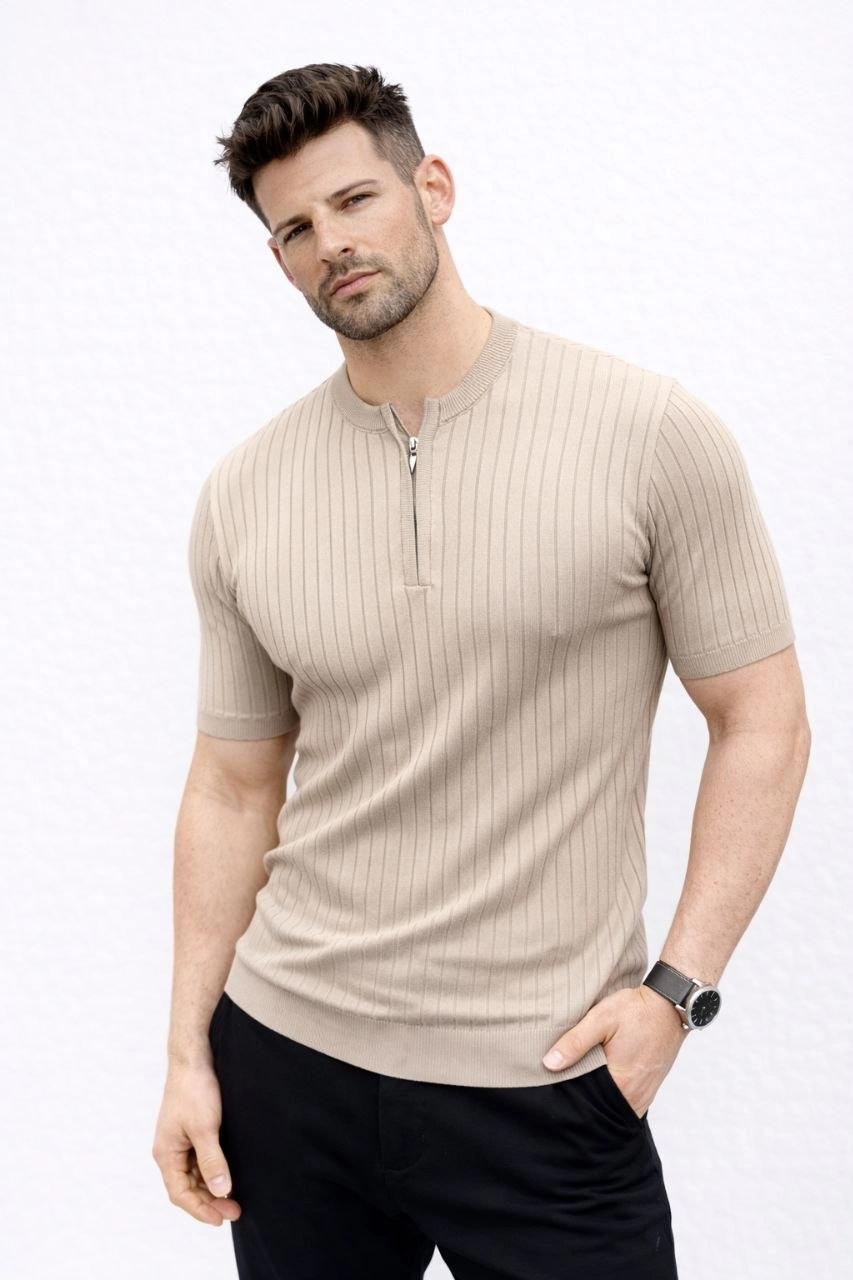 Erkek Kısa Kol Fitilli Triko T-Shirt Yazlık Hakim Yaka Tişört – Bej