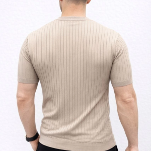 Erkek Kısa Kol Fitilli Triko T-Shirt Yazlık Hakim Yaka Tişört – Bej