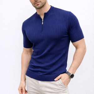 Erkek Kısa Kol Fitilli Triko T-Shirt Yazlık Hakim Yaka Tişört – Lacivert