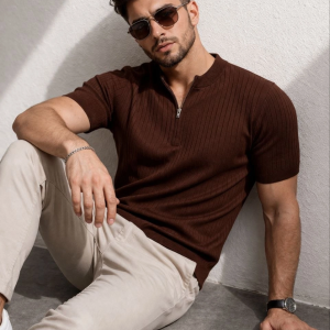 Erkek Kısa Kol Fitilli Triko T-Shirt Yazlık Hakim Yaka Tişört – Kahverengi