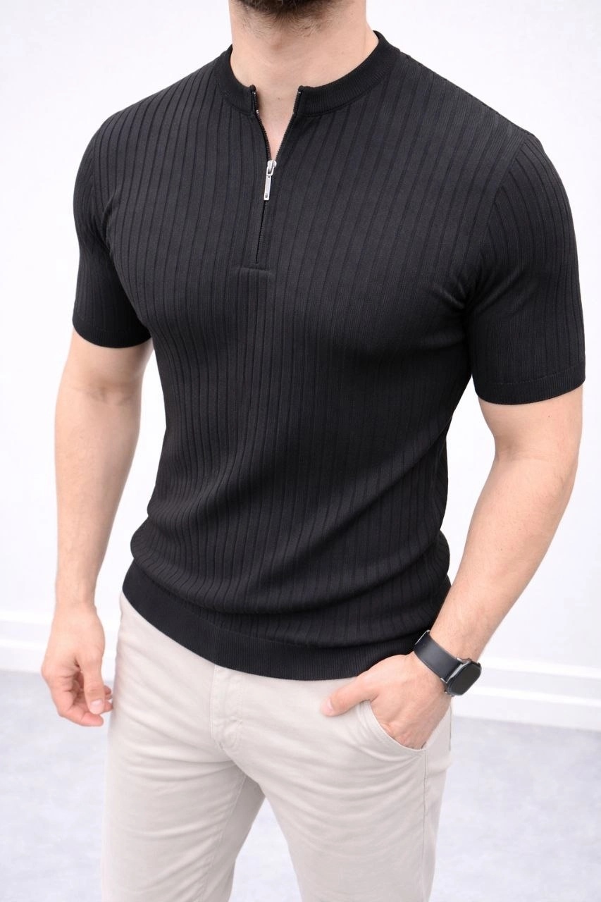 Erkek Kısa Kol Fitilli Triko T-Shirt Yazlık Hakim Yaka Tişört – Siyah