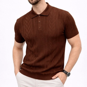 Erkek Yazlık Triko Tişört Kısa Kol Polo Yaka Düğmeli T-Shirt – Kahverengi