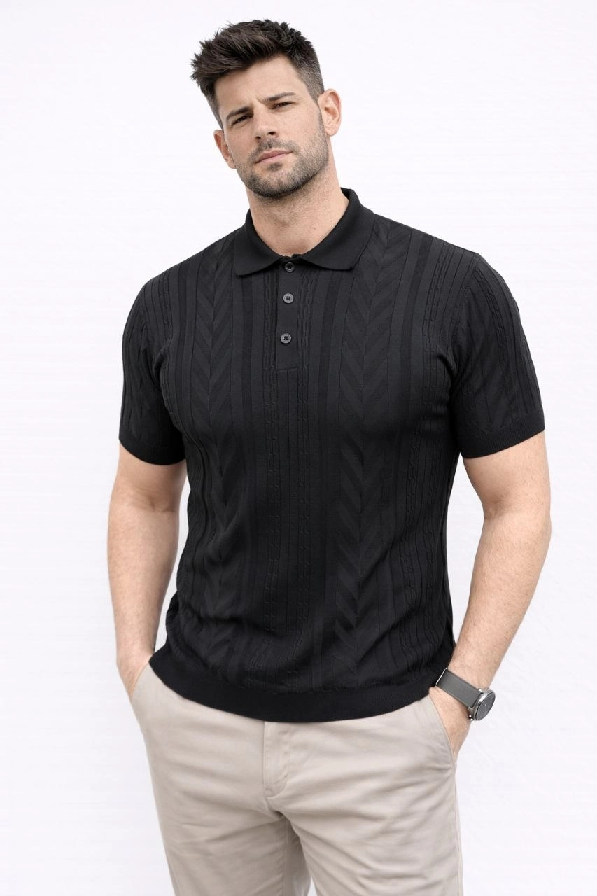 Erkek Yazlık Triko Tişört Kısa Kol Polo Yaka Düğmeli T-Shirt – Siyah