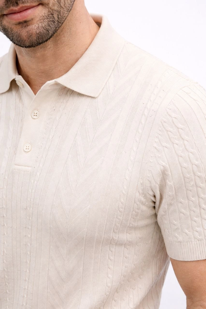 Erkek Yazlık Triko Tişört Kısa Kol Polo Yaka Düğmeli T-Shirt – Krem