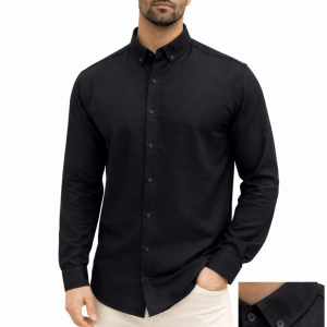 Erkek KETEN Kumaş Uzun Kollu Regular Fit Gömlek – Siyah
