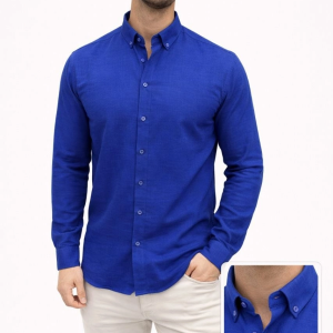 Erkek KETEN Kumaş Uzun Kollu Regular fit Gömlek – Saks Mavisi