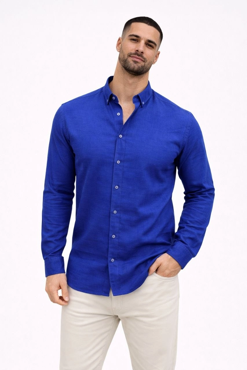 Erkek KETEN Kumaş Uzun Kollu Regular fit Gömlek – Saks Mavisi