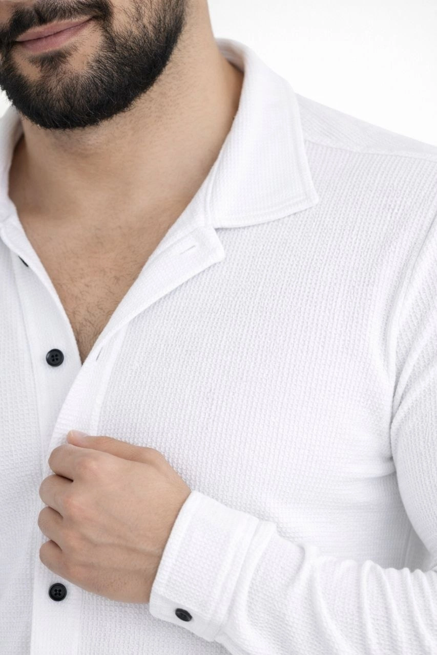 Erkek Waffle Kumaş Uzun Kollu Düğmeli Açık Yaka Regular Fit Gömlek – Beyaz