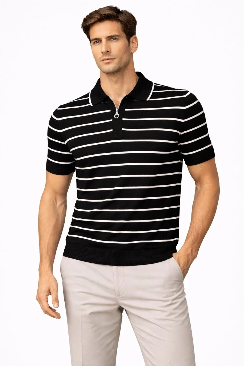 Erkek Triko Polo Yaka Fermuarlı Çizgili Tişört T-Shirt Yazlık Şık – Siyah