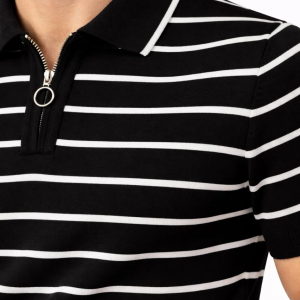 Erkek Triko Polo Yaka Fermuarlı Çizgili Tişört T-Shirt Yazlık Şık – Siyah