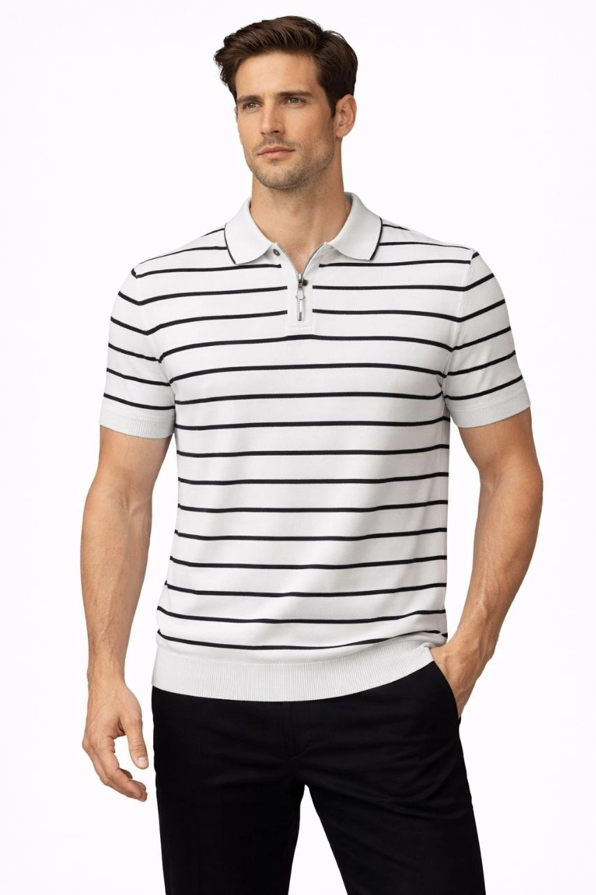 Erkek Triko Polo Yaka Fermuarlı Çizgili Tişört T-Shirt Yazlık Şık – Beyaz
