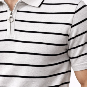 Erkek Triko Polo Yaka Fermuarlı Çizgili Tişört T-Shirt Yazlık Şık – Beyaz