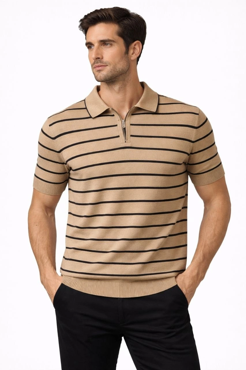 Erkek Triko Polo Yaka Fermuarlı Çizgili Tişört T-Shirt Yazlık Şık – Kahverengi