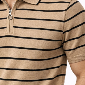 Erkek Triko Polo Yaka Fermuarlı Çizgili Tişört T-Shirt Yazlık Şık – Kahverengi