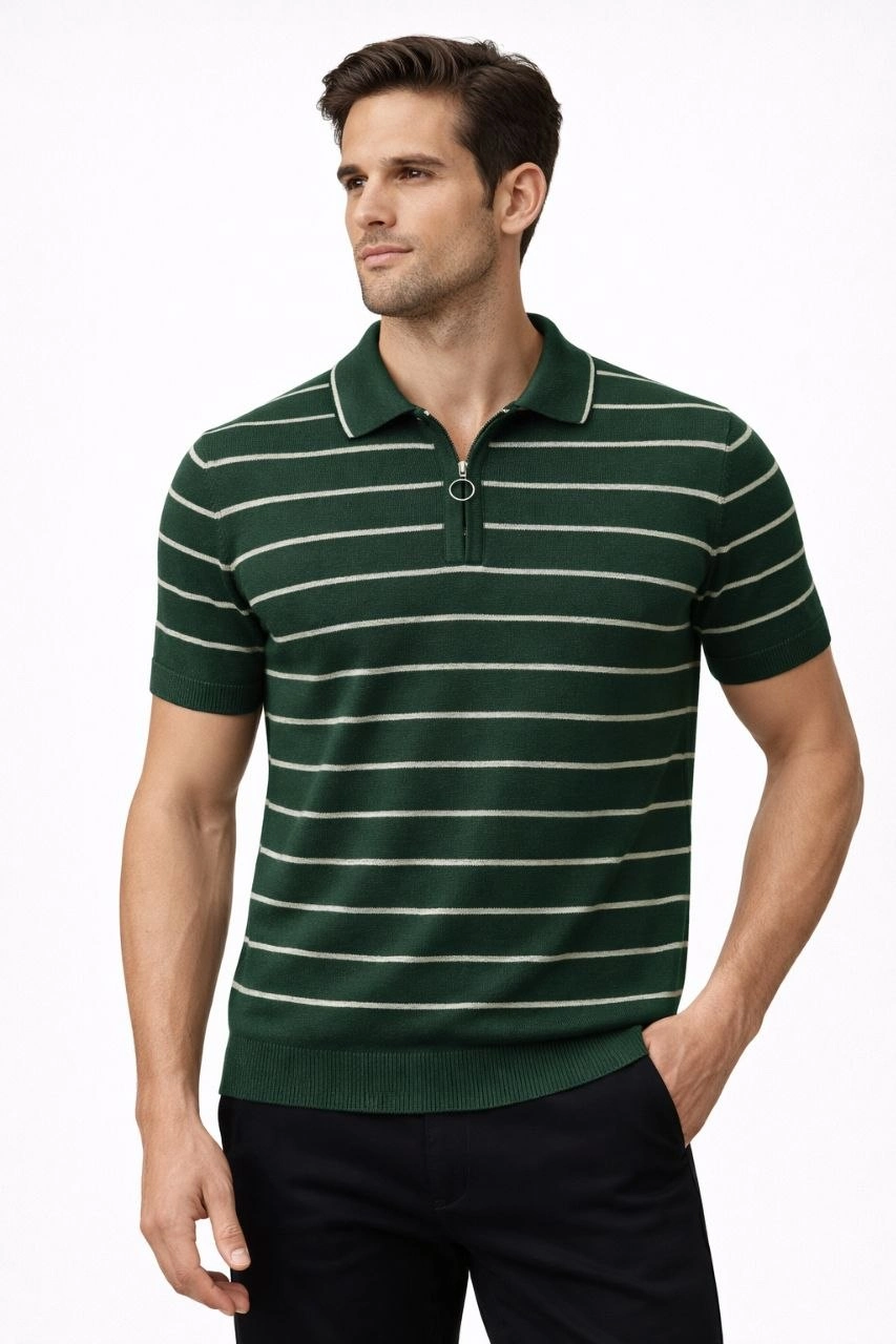 Erkek Triko Polo Yaka Fermuarlı Çizgili Tişört T-Shirt Yazlık Şık – Yeşil