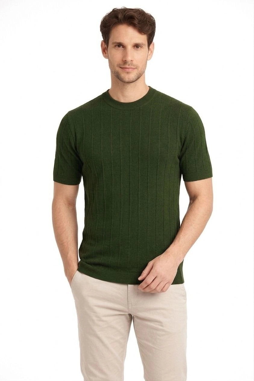 Erkek Yazlık Fitilli Triko Tişört Kısa Kol Bisiklet Yaka T-Shirt – Haki