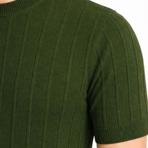 Erkek Yazlık Fitilli Triko Tişört Kısa Kol Bisiklet Yaka T-Shirt – Haki