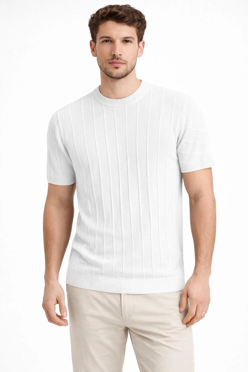 Erkek Yazlık Fitilli Triko Tişört Kısa Kol Bisiklet Yaka T-Shirt – Beyaz