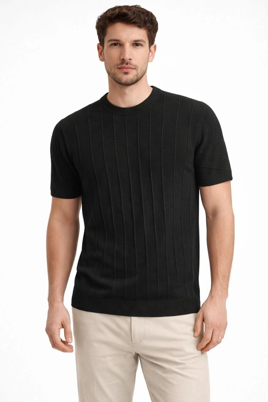 Erkek Yazlık Fitilli Triko Tişört Kısa Kol Bisiklet Yaka T-Shirt – Siyah