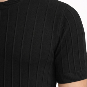 Erkek Yazlık Fitilli Triko Tişört Kısa Kol Bisiklet Yaka T-Shirt – Siyah