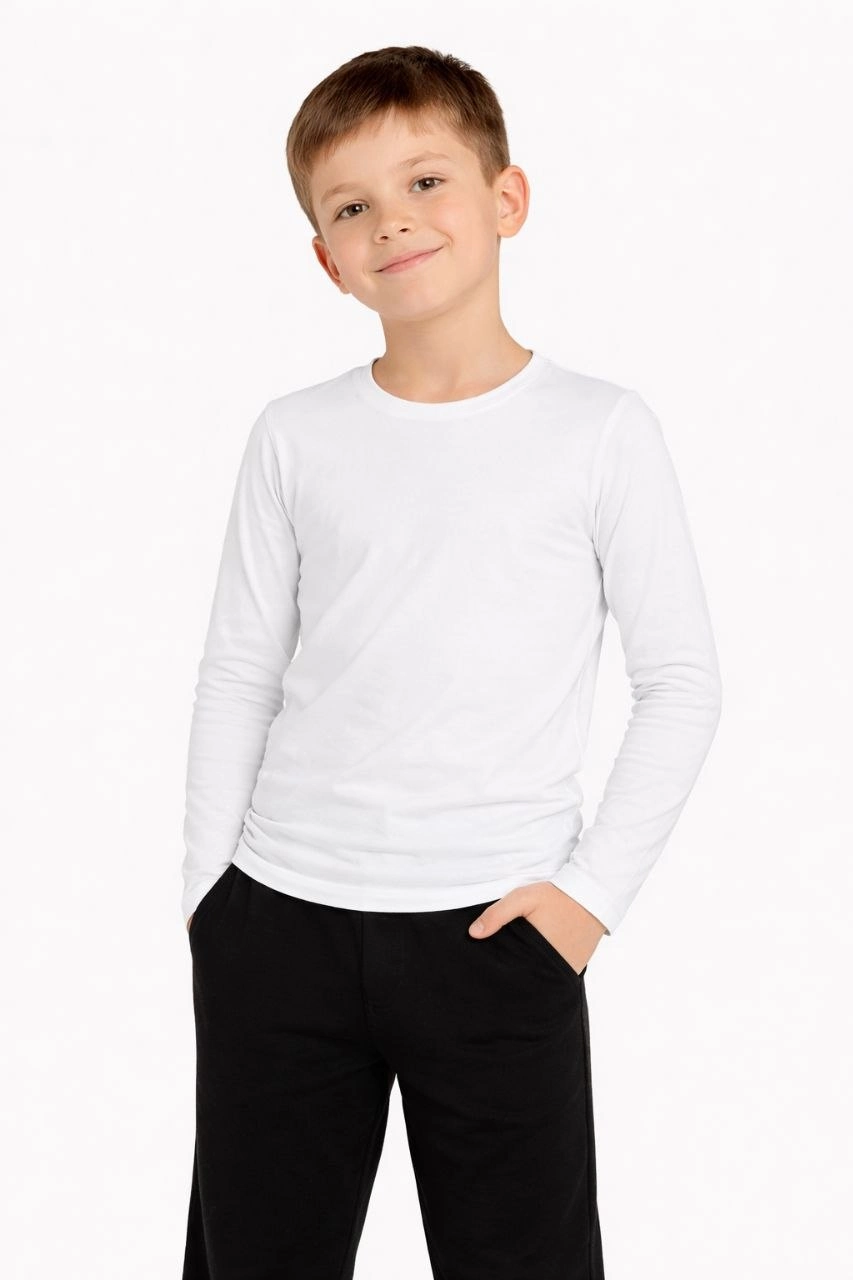 Erkek Çocuk Basic Uzun Kollu Tişört Okul Günlük Rahat T-Shirt – Beyaz