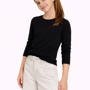 Kız Çocuk Basic Uzun Kollu Tişört Okul Günlük Rahat T-Shirt – Siyah