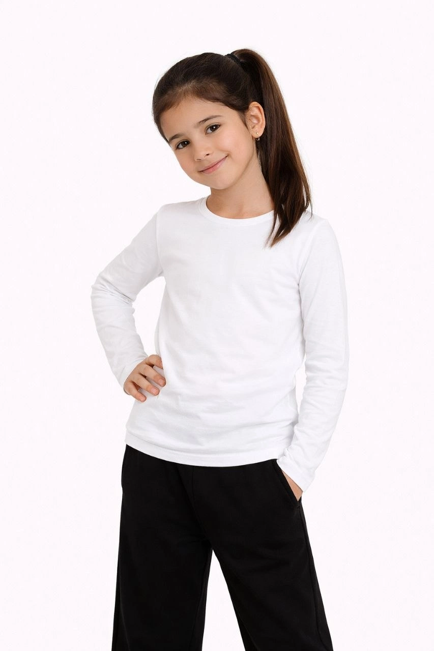 Kız Çocuk Basic Uzun Kollu Tişört Okul Günlük Rahat T-Shirt – Beyaz