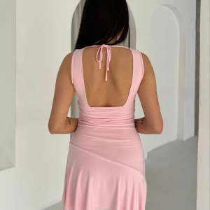 Kadın Derin V Yaka Sırt Dekolteli Mini Elbise Drapeli Şık Kolsuz – Pembe