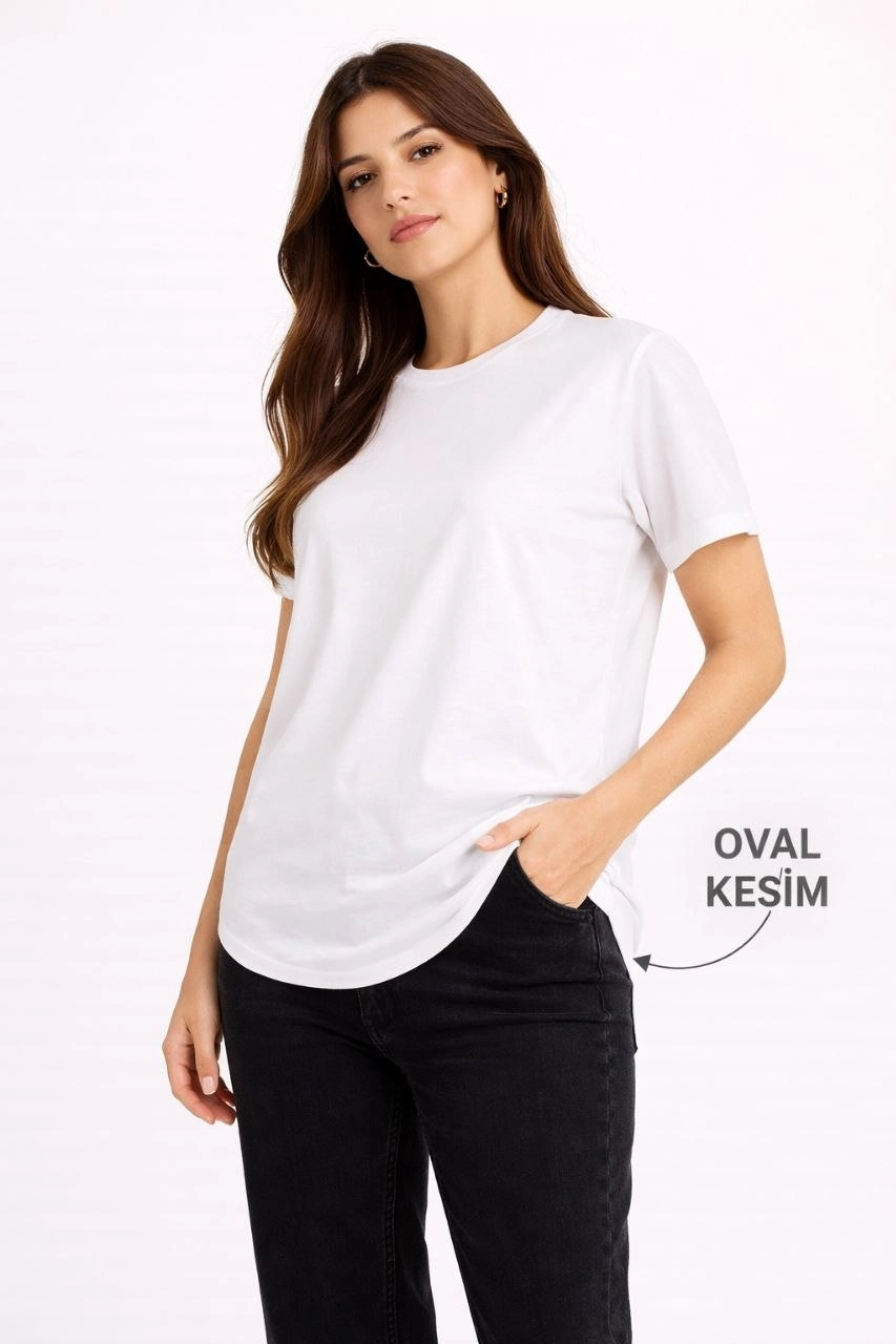Kadın Basic T-Shirt Kısa Kol Bisiklet Yaka Oval Kesim Tişört – Beyaz