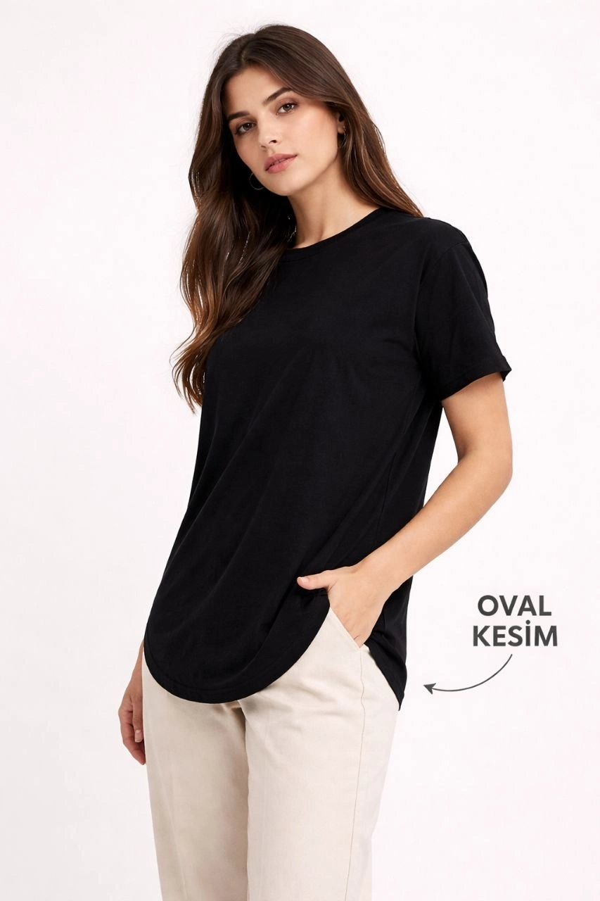 Kadın Basic T-Shirt Kısa Kol Bisiklet Yaka Oval Kesim Tişört – Siyah