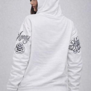 Kadın 3 İplik Pamuklu Kapüşonlu Baskılı SweatShirt hoodie – Beyaz