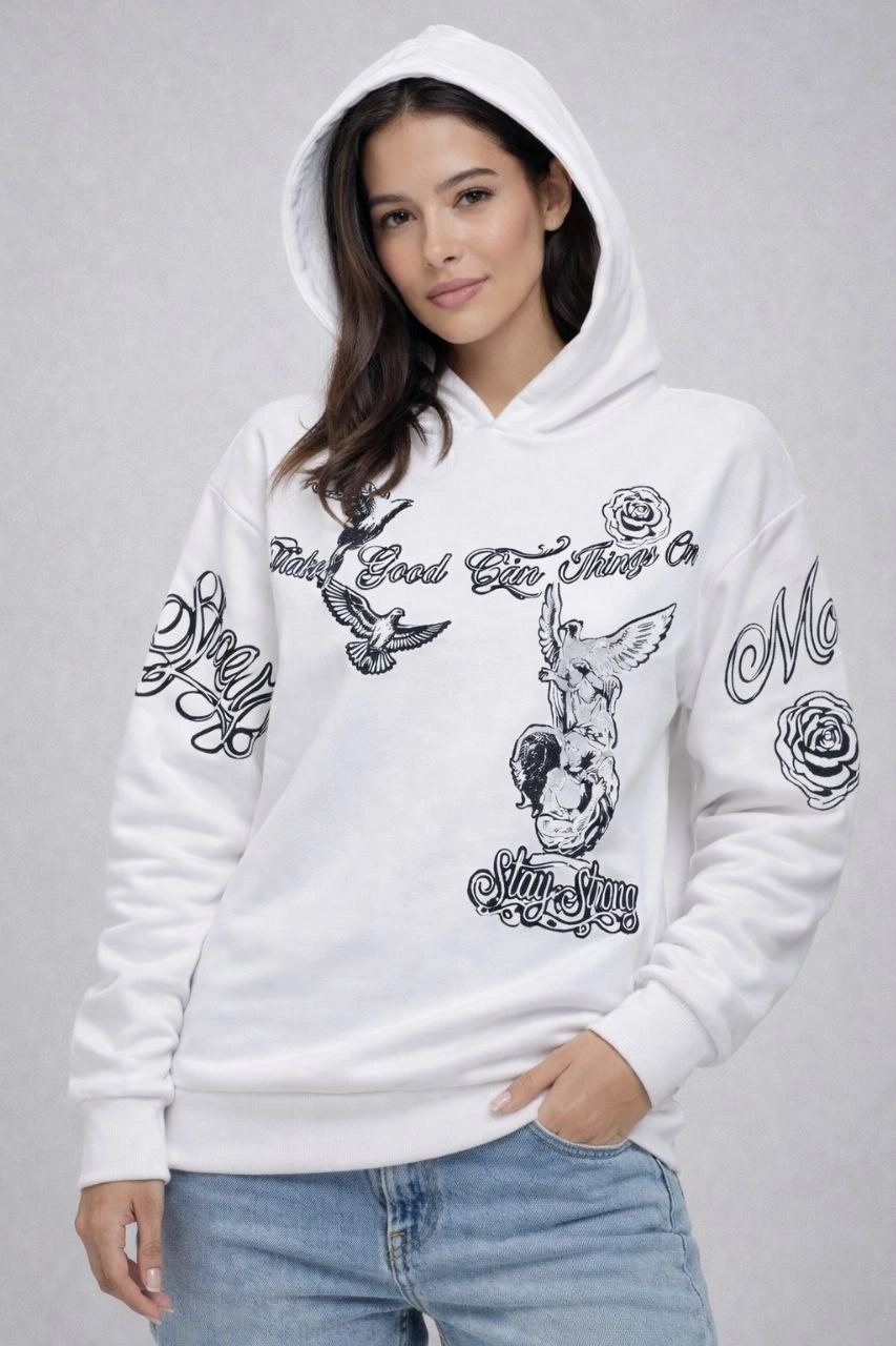Kadın 3 İplik Pamuklu Kapüşonlu Baskılı SweatShirt hoodie – Beyaz