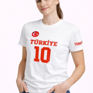 Kadın TÜRKİYE Ay Yıldız Baskılı 10 Numara Forma Tişört Taraftar T-Shirt – Beyaz