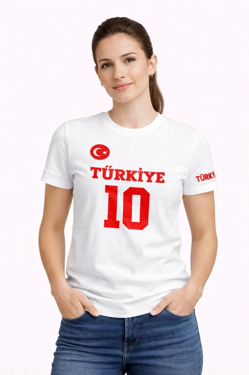 Kadın TÜRKİYE Ay Yıldız Baskılı 10 Numara Forma Tişört Taraftar T-Shirt – Beyaz