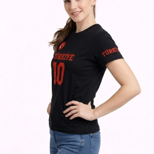 Kadın TÜRKİYE Ay Yıldız Baskılı 10 Numara Forma Tişört Taraftar T-Shirt – Siyah