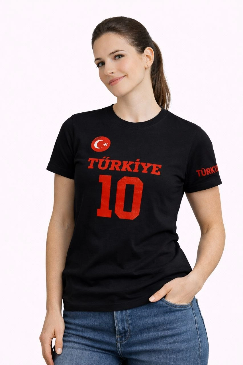 Kadın TÜRKİYE Ay Yıldız Baskılı 10 Numara Forma Tişört Taraftar T-Shirt – Siyah