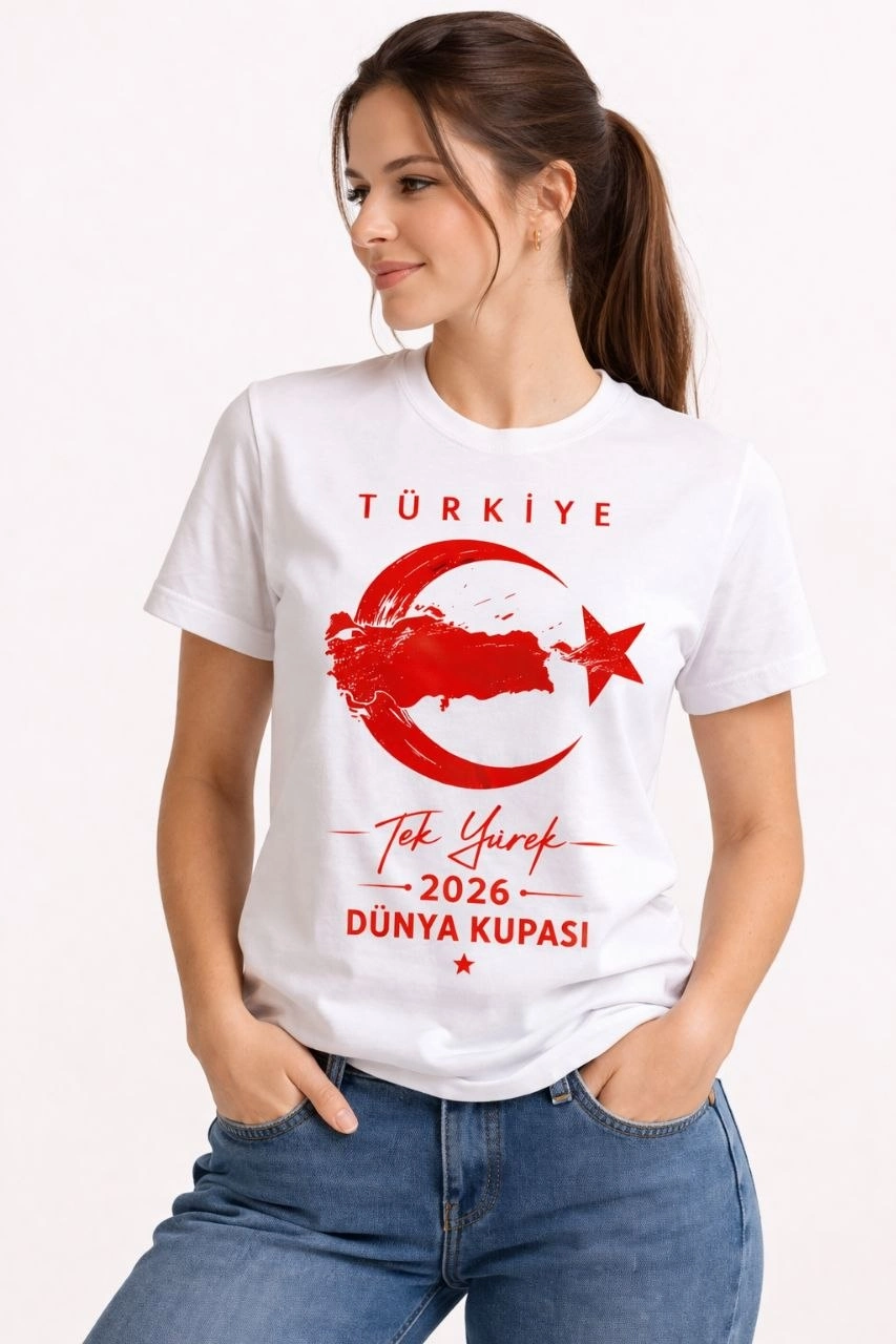 Kadın TÜRKİYE Ay Yıldız 2026 Dünya Kupasi Taraftar Forma T-Shirt – Beyaz