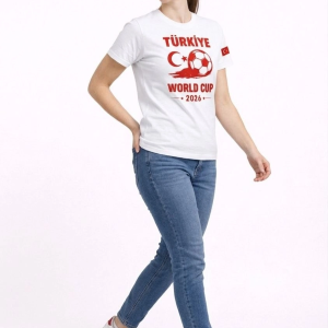 Kadın Türkiye World Cup 2026 Baskılı Tişört Futbol Temalı Forma T-Shirt – Beyaz