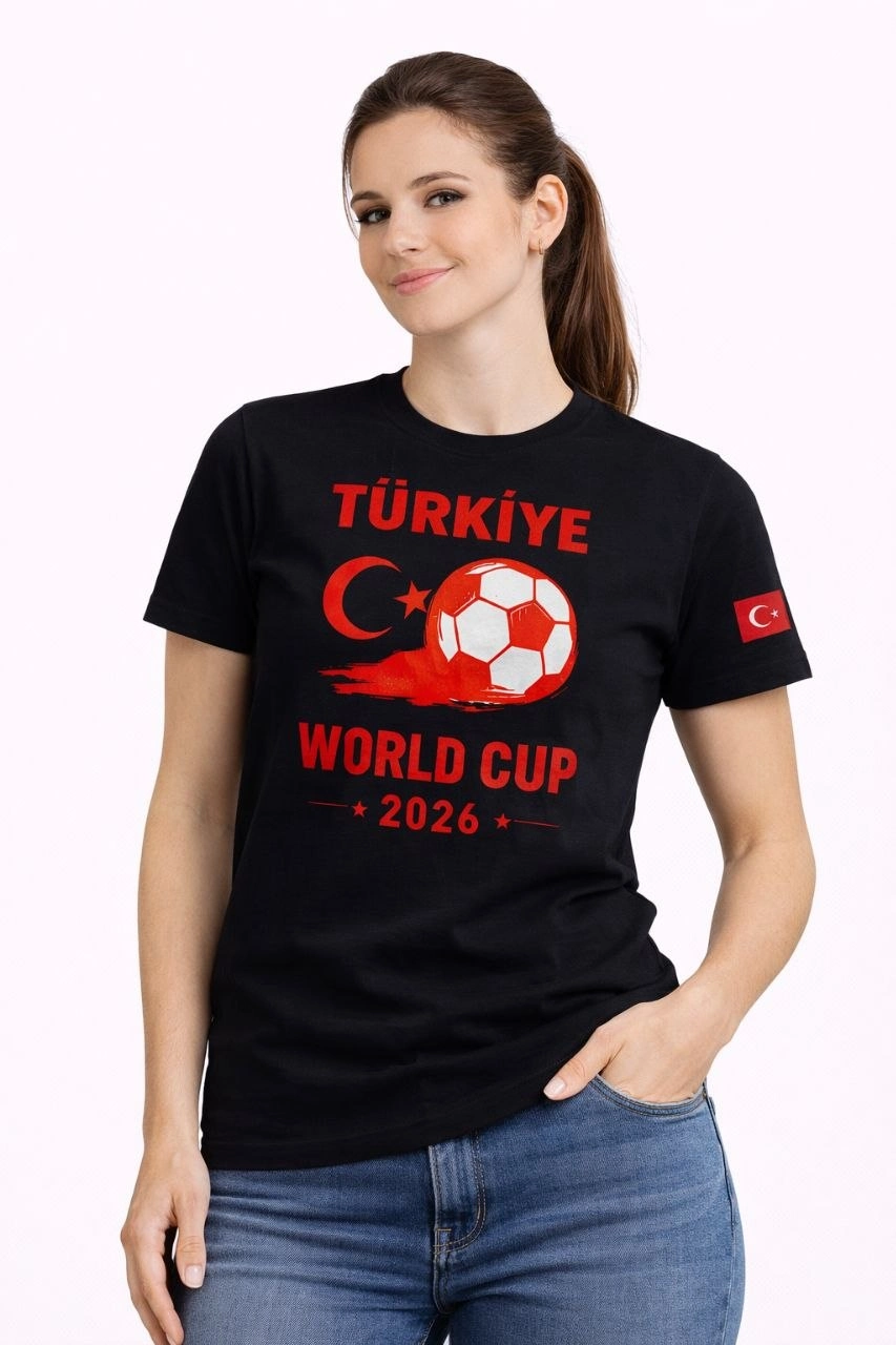 Kadın Türkiye World Cup 2026 Baskılı Tişört Futbol Temalı Forma T-Shirt – Siyah