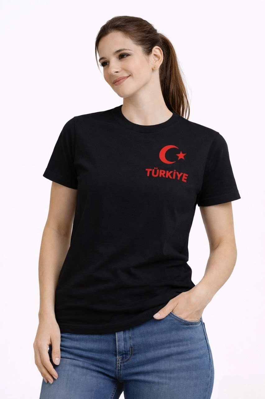 Kadın TÜRKİYE Ay Yıldız Baskılı Taraftar Forma T-Shirt – Siyah
